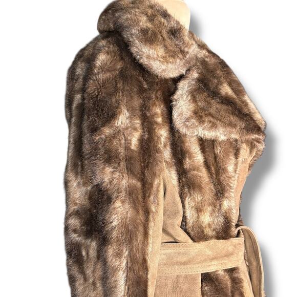 Vintage 70s Tocci England Faux Fur Suede Leather Belted Coat Burgundy Lined - Picture 11 of 16